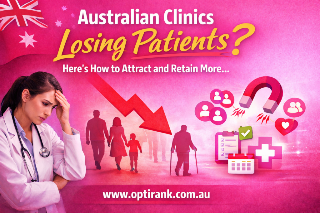 Australian clinics losing patients – strategies to attract and retain more patients, pink healthcare-themed header with doctor, patients, and icons