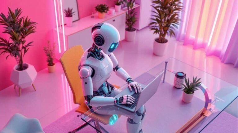 AI -Powered robot working on a laptop in a modern digital workspace for AI SEO