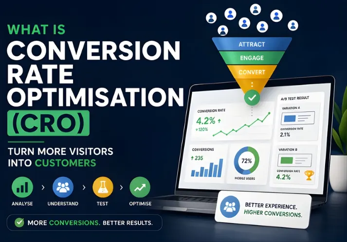 What Is Conversion Rate Optimisation (CRO) dashboard showing funnel, analytics metrics, and conversion growth