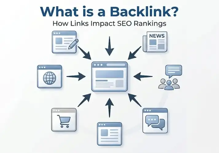 What is a Backlink illustration showing multiple websites linking to a central site for SEO authority