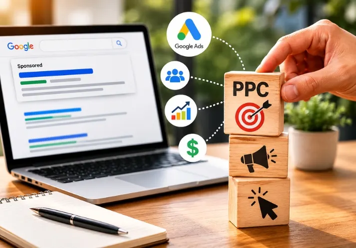 What Is PPC Advertising workspace showing pay-per-click strategy notes, sponsored search ads, and PPC marketing planning