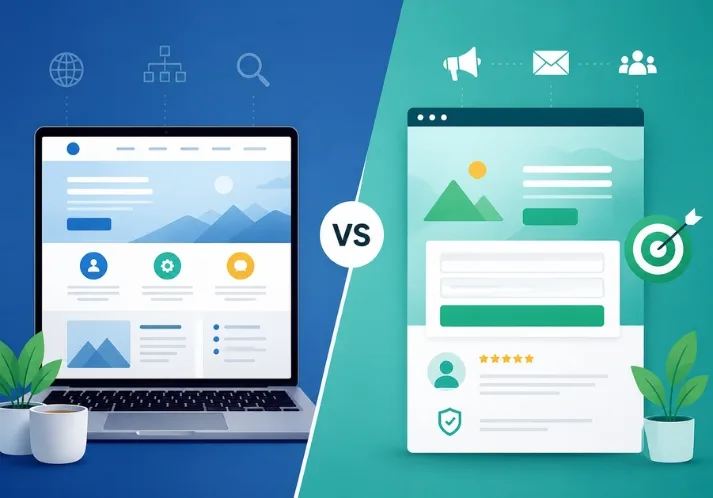 What Is a Landing Page illustration comparing a landing page and a website interface for digital marketing campaigns