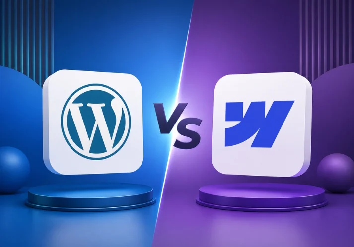 WordPress vs Webflow comparison illustration showing two modern website platforms for business websites in 2026