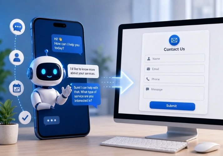 AI chatbots are replacing contact forms by engaging website visitors instantly while a traditional contact form remains available for structured enquiries.