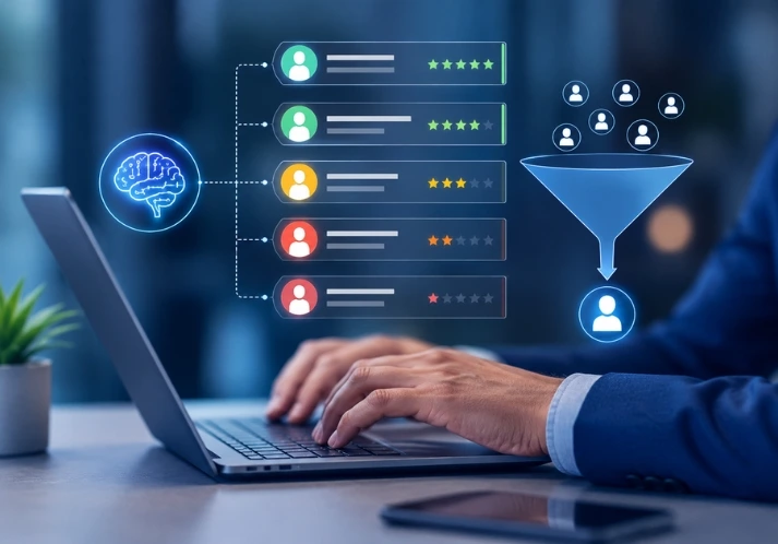AI lead scoring dashboard identifying high-value sales leads using behavioural and intent data