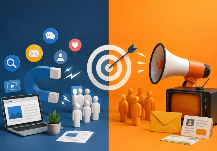 Inbound Marketing vs Outbound Marketing comparison showing inbound customer attraction through SEO and content versus outbound promotion using ads and direct outreach.
