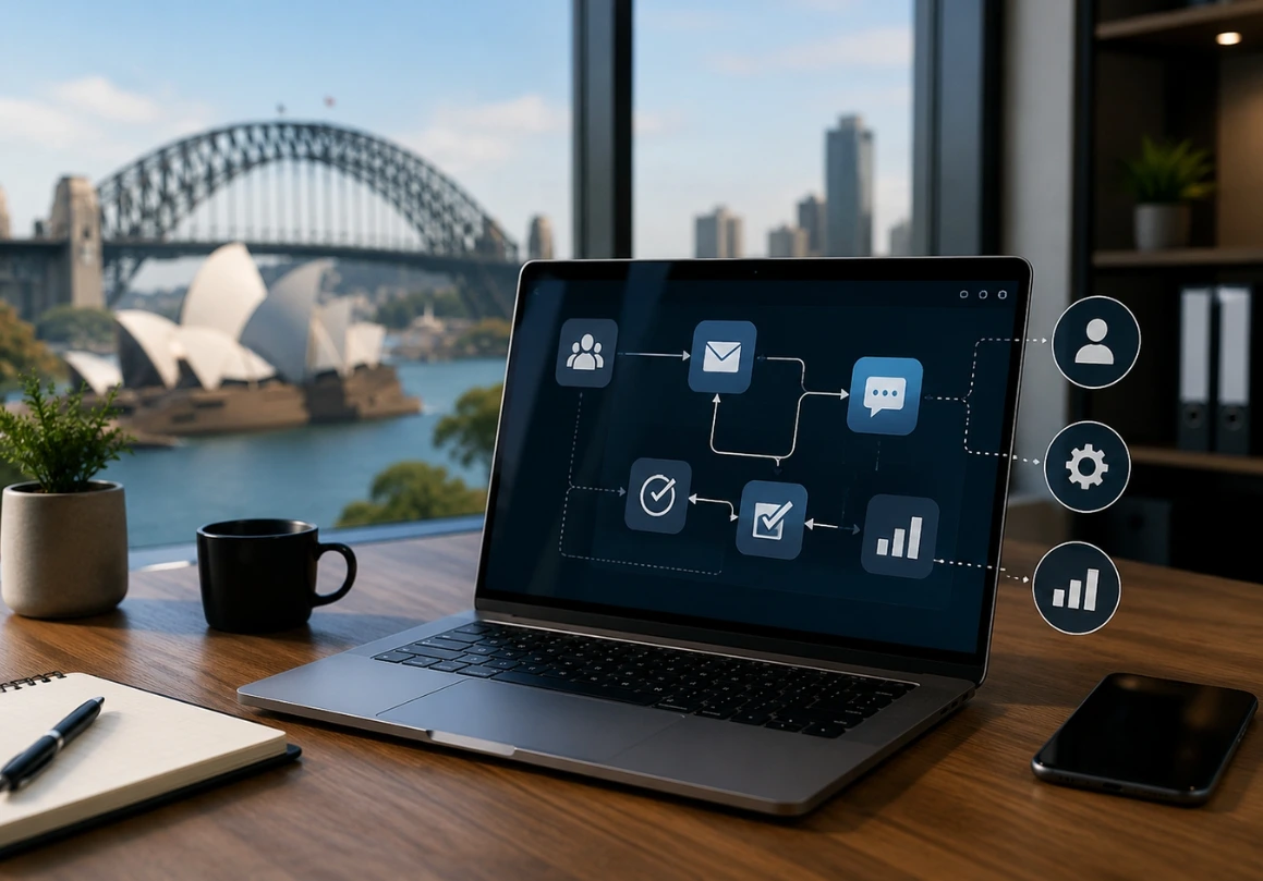 Marketing Automation Services in Australia dashboard showing CRM workflows, AI automation, and lead management in a modern Australian business office.