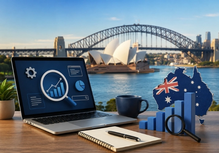 SEO services in Australia workspace with laptop displaying SEO analytics, Australian landmarks, and digital marketing tools representing professional search engine optimization.