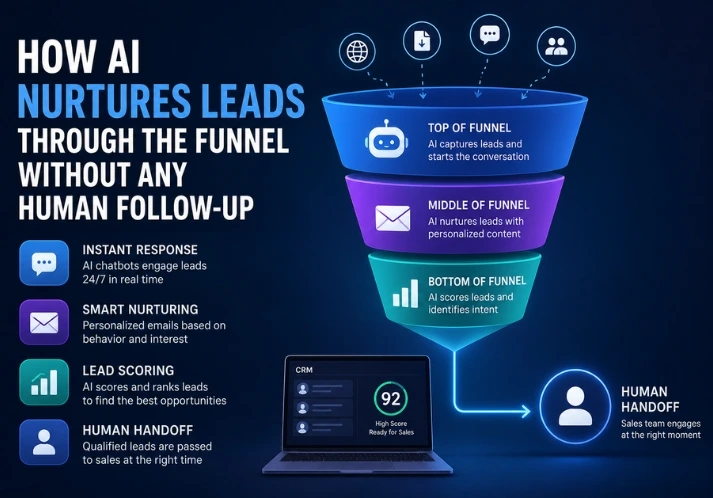 AI lead nurturing funnel showing automated lead scoring, personalized follow-ups, and human sales handoff