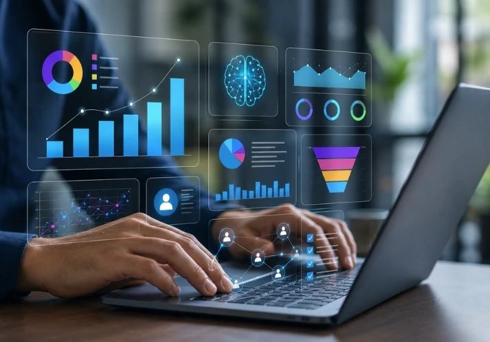 AI marketing data decisions dashboard showing analytics, customer insights, and campaign performance for smarter business decisions
