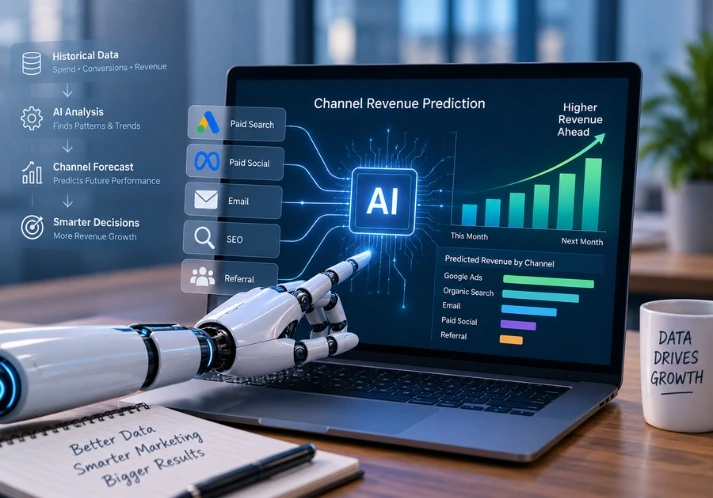 AI marketing channel prediction dashboard forecasting revenue across marketing channels