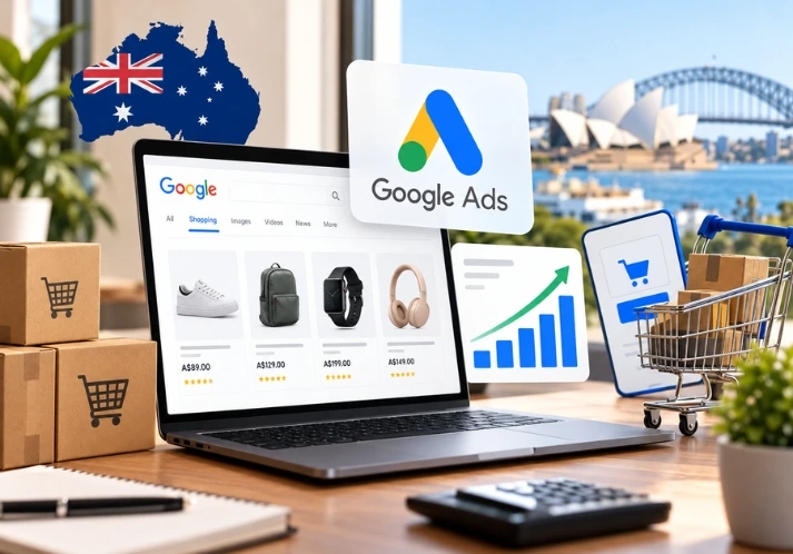 Google Ads for Ecommerce in Australia - Online store owner reviewing a Google Ads dashboard with ROAS and ad spend on a laptop