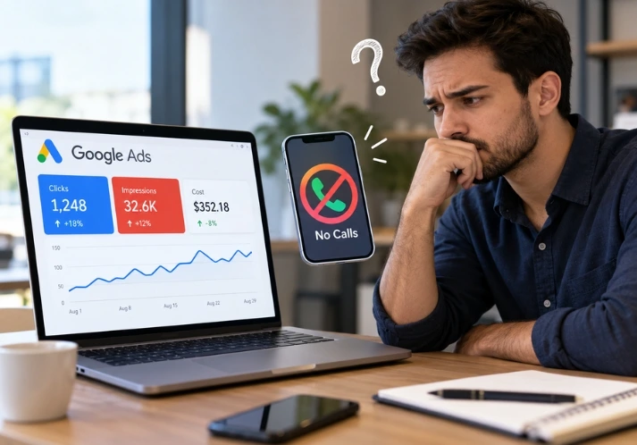 Google Ads not getting calls: phone sitting silent beside a dashboard full of clicks