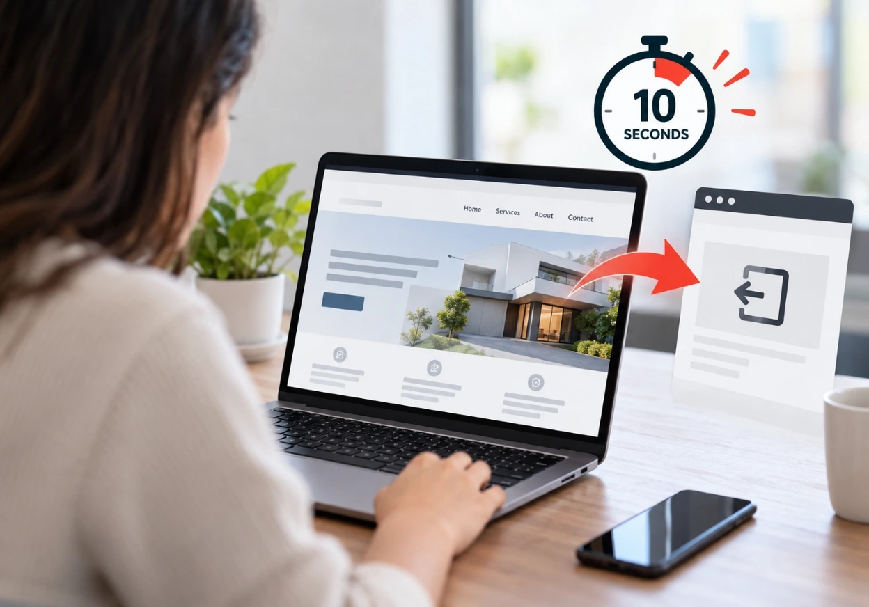 Website visitor leaving a slow, cluttered homepage, showing why visitors leave your website within 10 seconds